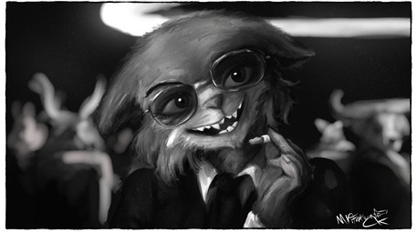 anthro border cigarette cigarette_holder clothing eyewear female glasses parody smile solo suit wearing_glasses white_border mr.foxman beastars juno_(beastars) canid canine canis mammal wolf absurd_res black_and_white hi_res monochrome shaded
