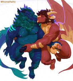 anthro armpit_hair beard blue_body body_hair claws eyebrows facial_hair fur genitals glans hair handjob kissing licking_tongue male male/male musclegut muscular muscular_male mutual_handjob mutual_masturbation nipples penile penis red_body sex simple_background tail tongue tongue_out wings moonelmalito mythology dragon mythological_creature mythological_scalie scalie absurd_res digital_drawing_(artwork) digital_media_(artwork) hi_res