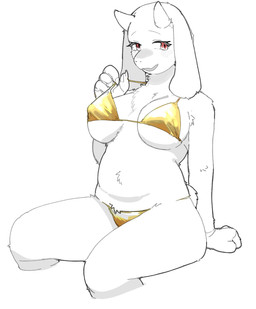 4_fingers anthro big_breasts bikini bikini_pull breasts chest_tuft clothing clothing_pull eyelashes female fingers fur gold_bikini horn kemono mature_anthro mature_female nipple_outline red_eyes slightly_chubby slightly_chubby_anthro slightly_chubby_female solo swimwear swimwear_pull thick_thighs tuft two-piece_swimsuit white_body white_fur wide_hips nikumura_q golden_week undertale_(series) toriel boss_monster_(undertale) bovid caprine goat mammal 2025 hi_res