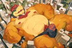 armpit_hair barazoku black_clothing black_thong black_underwear body_hair bracelet bulge chest_tuft city clothing detailed_bulge horn jewelry lying macro male musclegut muscular nipples sleeping solo thong tuft underwear comfei_puppy mario_bros nintendo bowser koopa scalie 3:2