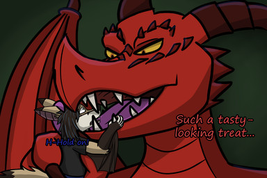 ambiguous_gender anthro bat_wings brown_hair claws dragon_wing duo extreme_size_difference gradient_background green_background hair head_in_mouth holding_character horn imminent_vore licking markings membrane_(anatomy) membranous_wings scale_markings scales scared sharp_teeth simple_background size_difference teeth text tongue unwilling_prey wing_claws wings yellow_eyes metal_fox117 mythology kiba_(crescentwolf) bat canid canine dragon fox hybrid mammal mythological_creature mythological_scalie scalie 3:2 english_text andromorph_(lore)