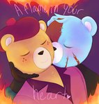 anthro biped blue_body blush duo eyes_closed fire kissing scar text abbytabbys unicorn_wars azulin_(unicorn_wars) cabo_pompon_(unicorn_wars) bear mammal 2023 english_text hi_res