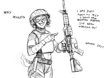 anthro assault_rifle bulletproof_vest dialogue eyes_closed eyewear female gesture goggles gun hand_gesture happy holding_gun holding_object holding_ranged_weapon holding_rifle holding_weapon midriff military_helmet open_mouth open_smile pointing ranged_weapon rifle smile solo text weapon hladilnik samantha_thott canid canine canis domestic_dog mammal 2025 comic english_text hi_res monochrome sketch