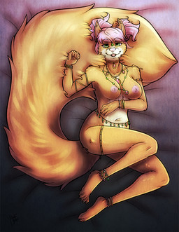 anklet anthro armlet belly_chain big_tail biped bracelet breasts claws ear_piercing female fur gold_(metal) gold_jewelry green_eyes hair harem harem_jewelry harem_outfit jewelry looking_at_viewer lying necklace nipples nude on_back piercing pink_hair pink_nose pose solo tail tan_body tan_fur toe_claws waist_accessory kaylii cammie_walker mammal rodent sciurid tree_squirrel hi_res pinup