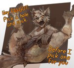 animal_genitalia anthro anus bad_trigger_discipline balls clothing dark_anus darkened_genitalia dirty flaccid genitals gun homophobic_slur looking_at_viewer male musk open_mouth penis presenting presenting_balls ranged_weapon sex_or_die sheath shirt slur solo spreading tank_top threatening topwear weapon ralek lagg_(ralek) arctic_fox canid canine fox mammal true_fox hi_res
