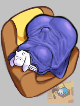 anthro armchair bedding big_butt blanket butt chair eyelashes female floppy_ears fur furniture grey_background horn huge_butt purple_blanket simple_background solo sprite_redraw tail text under_blanket white_body white_fur lakygt deltarune undertale_(series) kris_dreemurr toriel boss_monster_(undertale) bovid caprine goat human mammal 2026 absurd_res artist_name hi_res