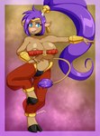 alternate_species anthro areola big_breasts biped blue_eyes border breast_expansion breasts brown_areola ear_piercing ear_ring expansion female furrification hair hoop_ear_ring hooves horn nipple_outline o-ring on_one_leg open_mouth open_smile piercing ponytail purple_hair ring_piercing smile solo standing white_horn mrdeepay shantae_(series) wayforward shantae bovid bovine cattle mammal 2022 hi_res