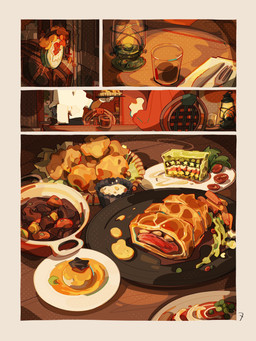anthro apron black_apron black_body black_clothing black_fur chair clothed clothing duo faceless_character food fully_clothed fur furniture holding_food holding_object knife_and_fork lamp lantern male orange_clothing orange_sweater orange_topwear sitting sweater table tan_body tan_fur topwear waiter water_glass icecube_joey canid canine mammal 3:4 comic hi_res
