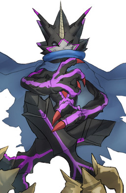 anthro belt black_body black_sclera blue_cape blue_clothing cape claws clothing crossed_legs feet horn male one_eye_closed simple_background solo talons toes white_background wink eggmon bandai_namco digimon digimon_(species) gulusgammamon hi_res