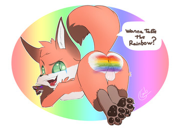 anthro anus asking_viewer backsack balls bodypaint brown_body brown_eyebrows brown_fur butt dialogue eyebrows fur genitals green_eyes lgbt_pride looking_at_viewer looking_back looking_back_at_viewer lying male nude nude_anthro nude_male on_front open_mouth open_smile orange_body orange_fur painted_butt pawpads perineum presenting presenting_anus presenting_balls presenting_hindquarters pride_colors rainbow_colors raised_eyebrow raised_tail smile solo speech_bubble tail talking_to_viewer text white_body white_fur young young_anthro young_male galo canid canine fox mammal 2025 absurd_res english_text hi_res signature