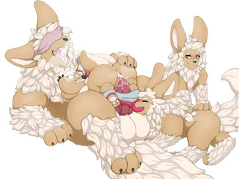 animal_genitalia animal_penis anthro belly big_belly big_breasts big_penis blush bodily_fluids breasts brown_body brown_fur canine_genitalia canine_penis clothed clothing female feral fur genitals group hair huge_belly huge_breasts huge_penis hyper knot knotted_penis male male/female over_weight overweight overweight_anthro overweight_female partially_clothed penis rabbit_ears slightly_chubby sweat sweatdrop weight_gain white_hair yellow_eyes neo_geppetto made_in_abyss nanachi canid canine lagomorph leporid mammal narehate rabbit absurd_res comic hi_res
