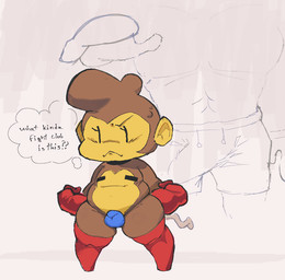 anthro bulge clothed clothing crossdressing detailed_bulge femboy legwear male male/male punch_monkey shortstack shortstack_male slightly_chubby solo_focus text thick_thighs thigh_highs thong topless underwear wide_hips t_(artist) haplorhine mammal monkey primate english_text