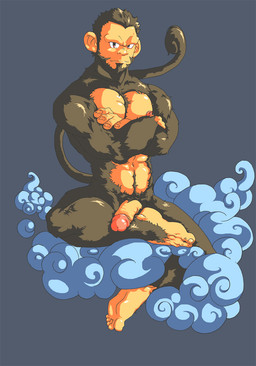anthro biceps big_muscles cloud flaccid genitals humanoid_genitalia humanoid_penis male muscular muscular_anthro muscular_male nipples nude penis solo kanai_(artist) haplorhine mammal monkey primate 2014