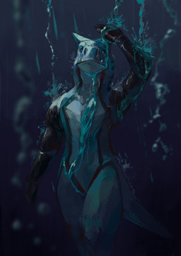 ambiguous_gender anthro black_body black_scales blue_body blue_eyes blue_scales green_body green_scales hand_on_head hand_over_head looking_forward scales solo standing water water_drop wet wet_body babanasaur babanasaur_(babanasaur) abelisaurid carnotaurus dinosaur prehistoric_species reptile scalie theropod 2022 digital_media_(artwork) hi_res