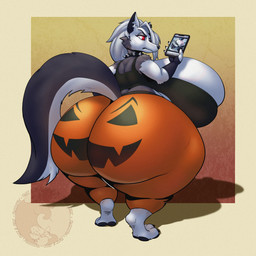 anthro big_breasts big_butt black_body black_fur black_nose bottomwear bra breasts butt claws clothing collar ear_piercing electronics female fur hair holidays huge_breasts huge_butt hyper hyper_breasts hyper_butt logo long_tail looking_at_viewer looking_back pants phone piercing red_sclera shadow simple_background small_waist solo tail tight_bottomwear tight_clothing tight_topwear topwear underwear white_body white_eyes white_fur white_hair tuzzleton halloween hellaverse helluva_boss mythology loona_(helluva_boss) canid canid_demon canine demon hellhound mammal mythological_canine mythological_creature 1:1 2024 hi_res signature