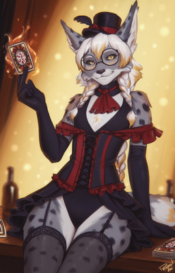 5_fingers anthro biped black_sclera braided_hair clothed clothed_anthro clothed_female clothing eyewear female female_anthro fingers flat_chested front_view fur glasses gloves grey_body grey_fur grey_tail hair handwear hat headgear headwear legwear looking_at_viewer markings sitting small_waist smile solo spots spotted_body spotted_fur tail thick_thighs thigh_highs white_hair wide_hips yellow_eyes personalami zhet_illuma felid feline lynx mammal 2025 digital_drawing_(artwork) digital_media_(artwork) hi_res