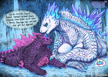 :< belly big_belly blush breasts busty_feral cavern duo egg eggnant face_lick female feral licking male male/female pregnant pregnant_female pregnant_feral text tongue vipery-07 godzilla_(series) toho godzilla shimo_(kaiju) kaiju scalie english_text hi_res