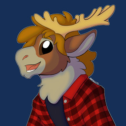 anthro antlers chibi clothed clothing eyebrows fluffy hair horn male neck_tuft open_mouth outline red_clothing red_topwear simple_background solo text topwear transparent_background tuft white_outline symrea deer mammal 1:1 2022 alpha_channel artist_name half-length_portrait hi_res portrait