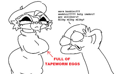 anthro armless beret big_breasts breasts clothing curvy_figure dialogue duo female hat headgear headwear hourglass_figure lips male no_limbs ogling parasite pseudo-breasts sweater text thick_lips topwear turtleneck wide_hips spidernickels anon ventosa flatworm tapeworm worm black_and_white english_text monochrome