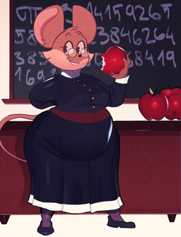 anthro apple belly belt big_belly black_clothing black_dress bottom_heavy brown_body brown_fur chalkboard clothing detailed_background dress eyewear female food fruit fur glasses huge_hips looking_at_viewer plant solo thick_thighs wearing_glasses weight_gain wide_hips quickdraw sugarrushplus louise_thrushwood mammal murid murine rodent 2025 hi_res