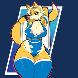 abstract_background anthro bedroom_eyes big_breasts big_sleeves blonde_hair breasts choker clothed clothing eyelashes female fupa fur hair jewelry legwear long_eyelashes multicolored_body multiple_piercings narrowed_eyes necklace nipple_slip piercing red_eyes seductive skimpy smug solo stockings tail thick_thighs two_tone_body wide_hips yellow_body yellow_fur yalen-the-untaggable canid canine fox humanoid mammal 1:1 absurd_res hi_res signature