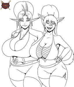 anthro big_breasts breasts clothed clothing ear_piercing ear_ring fangs female hair huge_breasts humanoid_pointy_ears logo looking_at_viewer open_mouth open_smile piercing pointy_ears ponytail ring_piercing simple_background smile solo standing teeth romman08 canid elf humanoid mammal 2019 artist_logo dated hi_res spot_color