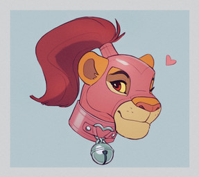 bdsm bell bell_collar blue_background clothing collar femboy feral fur headgear headwear latex latex_clothing latex_headwear male orange_body orange_fur red_eyes simple_background solo skidoo disney the_lion_king simba_(the_lion_king) felid lion mammal pantherine headshot_portrait hi_res portrait