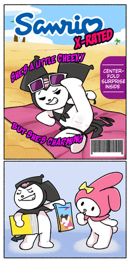 anthro anus barcode beach beach_towel bikini bikini_top black_bikini black_clothing black_headwear black_swimwear border bottomless bottomless_female bow_accessory clothed clothing detailed_background duo eyewear eyewear_on_head female female_anthro genitals grin headgear headwear loli long_ears lying on_side pink_clothing pink_headwear pointed_tail raised_leg skull_symbol smile smug sunglasses sunglasses_on_head swimwear text towel two-piece_swimsuit vulva wearing_sunglasses white_body white_border young young_anthro young_female fullhero onegai_my_melody sanrio kuromi my_melody demon lagomorph leporid mammal rabbit comic cover english_text hi_res magazine_cover