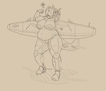 aircraft anthro barely_visible_genitalia barely_visible_pussy belly big_belly big_breasts breasts dark_nipples deep_navel female flexing flexing_bicep genitals hand_behind_head heart_symbol looking_at_viewer machine musclegut muscular navel nude overweight overweight_female p-47 pussy solo vehicle wide_hips world_war_2 panzerschreckleopard united_states_air_force charlotte_(panzerschreckleopard) aircraft_humanoid living_aircraft living_machine living_vehicle p-47_thunderbolt 2024 absurd_res hatching_(art) hi_res monochrome shaded