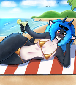 alcohol anthro beach beach_towel beverage bikini blue_hair breasts clothing cocktail eyewear female fur glasses gold_bikini group hair horn looking_at_viewer martini red_eyes sand smile solo swimwear towel two-piece_swimsuit water cheems_gin microwave_(artist) golden_week powa_(cheems_gin) serenity_(laggyb0i) ambient_bird bovid canid canine caprine mammal sheep absurd_res digital_media_(artwork) hi_res