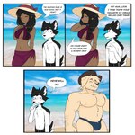 anthro arm_hair arm_tuft armpit_hair beach bedroom_eyes belly_tuft black_body black_clothing black_eyebrows black_fur black_nose black_swimwear blue_body blue_clothing blue_fur blue_sky blue_swimwear blush body_hair bra brown_body brown_nose brown_skin bulge chest_hair chest_tuft clothing cowboy_hat crotch_tuft dialogue dog_tail eyebrow_through_hair eyebrows eyes_closed facial_hair female fur gazing hair hat headgear headwear male male/male multicolored_body multicolored_fur musclegut muscular muscular_anthro muscular_male narrowed_eyes nipples outside purple_bra purple_clothing purple_swimwear purple_underwear sarong seductive shoulder_tuft sky solo speedo stubble sun_hat swimming_trunks swimwear tan_body tan_fur text translucent translucent_hair tuft underwear white_eyebrows jicjicu daniel_brunette marshal_(jicjicu) bird_dog canid canine canis domestic_dog human hunting_dog husky labrador mammal nordic_sled_dog retriever spitz 1:1 comic english_text hi_res