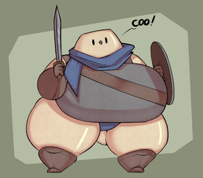 anthro armor big_breasts breastplate breasts curvy_figure fantasy female huge_breasts huge_thighs melee_weapon onomatopoeia shield solo sound_effects sword text thick_thighs voluptuous weapon triplepistacho avian 2023 digital_media_(artwork)