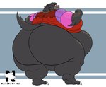 anthro belly big_belly big_butt blush blush_lines bottomless bottomless_anthro bottomless_male butt claws clothed clothing ears_back fangs fist fur looking_back male morbidly_obese mouth_closed obese obese_anthro obese_male overweight overweight_anthro overweight_male pivoted_ears raised_tail rear_view solo standing tail teeth torn_clothing wide_eyed yellow_eyes zangokunatenshi disney robin_hood_(disney) sheriff_of_nottingham canid canine canis mammal wolf 2024 signature