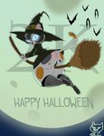 anthro broom cleaning_tool eyewear female glasses holidays lips magic moon piercing pose solo witch_costume gomezcat halloween katy_cali bat felid feline mammal absurd_res hi_res pinup