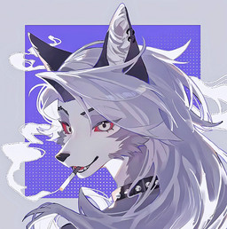 anthro cigarette collar ear_piercing ear_ring female female_anthro grey_hair hair looking_at_viewer piercing red_sclera ring_piercing simple_background smoking smoking_cigarette solo spiked_collar spikes qishu hellaverse helluva_boss mythology loona_(helluva_boss) canid canid_demon canine demon hellhound mammal mythological_canine mythological_creature portrait
