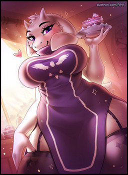 anthro big_breasts black_border border breasts cake clothed clothing dessert dress female fingers food front_view fully_clothed fur heart_symbol holding_object holding_plate inside legwear looking_at_viewer low-angle_view plate purple_eyes solo standing tail text thigh_highs tight_clothing white_body white_fur white_tail wide_hipped_female wide_hips window f-r95 undertale_(series) toriel bovid caprine goat mammal 2024 hi_res portrait three-quarter_portrait url