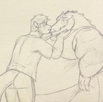 anthro belly big_belly blush duo eyes_closed hands_on_chin kissing leaning lying male male/male on_front overweight overweight_anthro overweight_male size_difference smaller_male standing tail eon54 mythology cody_(swatthefox) jagged_(eon54) alligator alligatorid crocodilian dragon mythological_creature mythological_scalie reptile scalie hi_res traditional_media_(artwork)