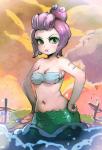 5_fingers :t big_breasts bra breasts cleavage clothed clothing detailed_background eyelashes female fingers green_eyes hand_on_hip looking_at_viewer makeup mascara midriff navel seashell_bra slightly_chubby solo split_form underwear bow_(artist) cuphead_(game) cala_maria cephalopod coleoid humanoid marine merfolk mollusk octopodiform 2017