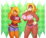 anthro banana big_breasts bottomwear breast_size_difference breasts clothing denim denim_bottomwear denim_clothing denim_shorts duo female food fruit huge_breasts plant shorts crescent-blue-zero activision crash_bandicoot_(series) donkey_kong_(series) nintendo candy_kong tawna_bandicoot ape bandicoot haplorhine mammal marsupial primate crossover