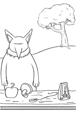 anthro apple food fruit humor metronome outside parody pendulum plant solo standing tree harvestman_here cow_tools nintendo pokemon the_far_side generation_1_pokemon hypno_(pokemon) pokemon_(species) 2025 black_and_white line_art monochrome