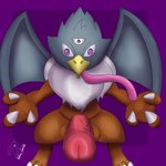 3_eyes anthro beak fluffy_chest genitals long_tongue male multi_eye penis presenting presenting_penis solo tongue tongue_out wings vulpine_corvid dragon_quest dragon_quest_vi mythology square_enix jamirus avian gryphon mythological_avian mythological_creature absurd_res hi_res