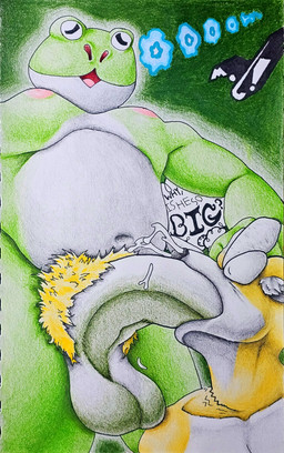 anthro balls bodily_fluids cum cum_from_nose cum_in_nose cum_inside duo fellatio genital_fluids genitals male male/male navel nipples oral penile penis pubes sex shocked slightly_chubby slightly_chubby_male text thought_bubble marthan_crowl_(artist) nintendo star_fox fox_mccloud slippy_toad amphibian canid canine fox frog mammal absurd_res hi_res
