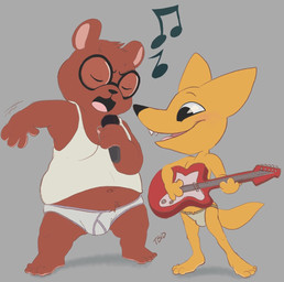3_fingers 4_fingers anthro blush briefs brown_body brown_fur bulge canon_couple clothing duo electric_guitar electronics eyes_closed eyewear fingers fur glasses guitar interspecies jockstrap male microphone midriff musical_instrument navel open_mouth overweight overweight_male playing_guitar playing_music plucked_string_instrument shirt singing standing string_instrument tank_top tighty_whities tongue topwear underwear white_briefs white_clothing white_underwear y-fronts yellow_body yellow_fur tbid night_in_the_woods angus_delaney gregg_lee bear canid canine fox mammal hi_res