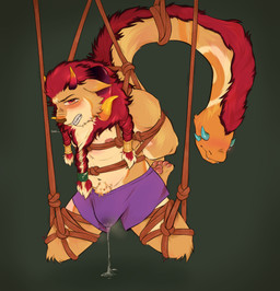bdsm bodily_fluids bondage bound genital_fluids genitals hands_tied horn humiliation leaking_precum living_tail male muscular muscular_male penis precum precum_on_clothing restraints rope rope_bondage rope_harness snake_tail tail unusual_anatomy unusual_genitalia unusual_penis unusual_tail rvtt shinzaro_redmane chimera chimera_dragon reptile scalie snake absurd_res hi_res