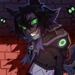 black_clothing black_hair black_topwear brick_wall clothed clothing green_eyes grey_body grey_skin grin group hair looking_at_viewer male pupils slit_pupils smile topwear trio wall_(structure) corzh77 humanoid 1:1 absurd_res hi_res