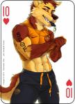 2019 a.s._roma abs anthro bottomwear brown_body brown_fur canid canine canis card card_template clothed clothing coach copyright_symbol digital_media_(artwork) english_text fonyaa fur hair hearts_(suit) looking_at_viewer male mammal muscular muscular_anthro muscular_male navel nike pants pecs playing_card playing_card_template red_eyes shirt simple_background smile solo standing symbol teeth ten_of_hearts text text_on_body text_on_clothing text_on_shirt text_on_topwear topwear whistle_(object) white_background wolf