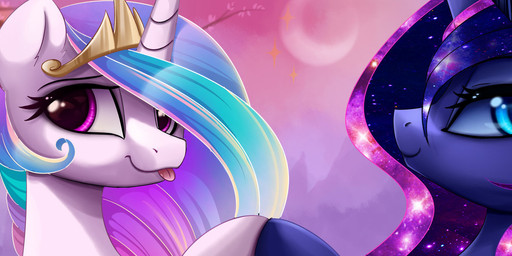 blue_eyes crown duo eyeshadow female feral hair headgear horn looking_at_viewer makeup multicolored_hair pink_eyes pupils slit_pupils smile tongue tongue_out magnaluna friendship_is_magic hasbro my_little_pony mythology princess_celestia_(mlp) princess_luna_(mlp) equid equine mammal mythological_creature mythological_equine unicorn 2016 hi_res source_request unavailable_at_source sibling_(lore) sister_(lore) sisters_(lore)