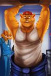 anthro backwards_baseball_cap backwards_hat baseball_cap biceps big_muscles blush brown_body brown_fur brown_nose clothed clothing duo fangs front_view fur hair hat headgear headwear inside looking_away looking_down looking_up male mechanic multicolored_body multicolored_fur muscular muscular_male open_mouth orange_body orange_fur overalls pecs raised_arm shirt smile standing stare stripes tank_top teeth topwear two_tone_body two_tone_fur yellow_body yellow_fur 7theaven hanna-barbera swat_kats chance_furlong jake_clawson domestic_cat felid feline felis mammal 2015 2:3 absurd_res hi_res signature