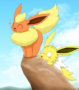 ambiguous_gender blush blush_lines bodily_fluids cloud duo embarrassed eyes_closed feral fluffy fluffy_tail fur looking_at_another looking_at_another's_butt musical_note musical_symbol open_mouth orange_body orange_fur paws raised_tail sky sweat symbol tail tongue yellow_body yellow_fur kenikenikeke nintendo pokemon eeveelution flareon generation_1_pokemon jolteon pokemon_(species) 2026 hi_res signature