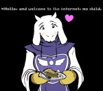 anthro blush clothing cutlery dessert eyewear female food fork fur glasses handwear heart_symbol horn internet kitchen_utensils love oven_mitts pastry pie plate robe solo tools white_body white_fur bleuhawke third-party_edit undertale undertale_(series) toriel boss_monster_(undertale) bovid caprine mammal digital_media_(artwork)